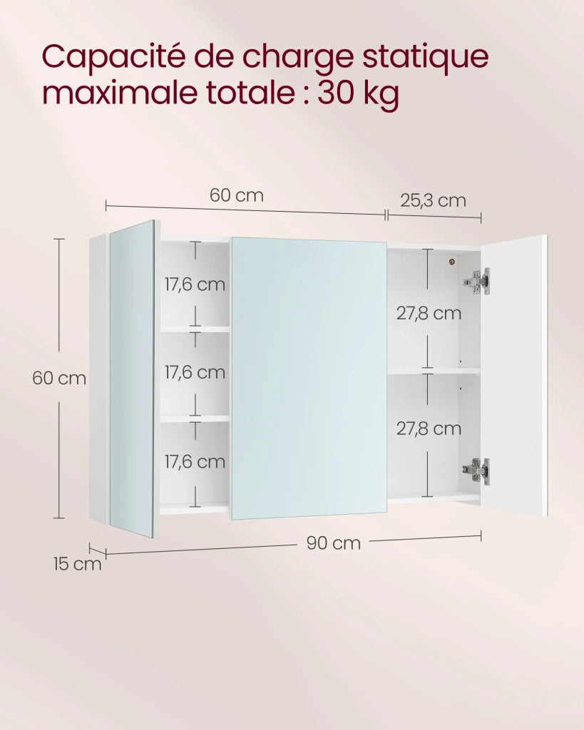 Mobiletto da bagno a muro con specchio mobiletto a 3 ante 60 x 15 x 55 cm con ripiano regolabile bianco moderno 12_0004042
