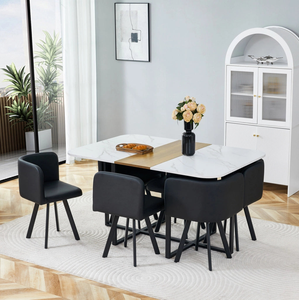 Set tavolo da pranzo 7 pezzi bianco e legno, 6 sedie in PU, struttura nera