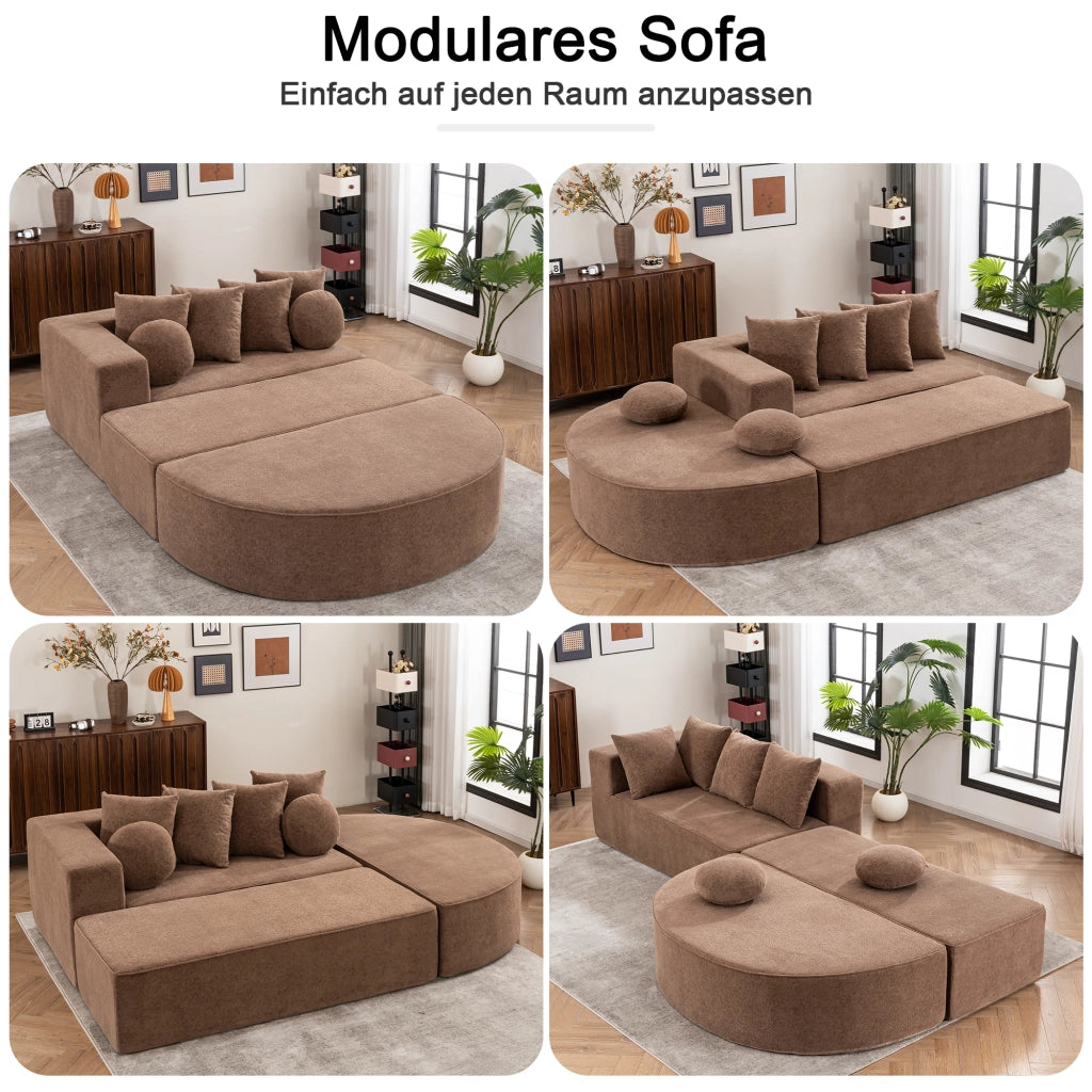 Canapé modulare senza montaggio con funzione letto e cuscini, in ciniglia marrone per soggiorno e relax quotidiano