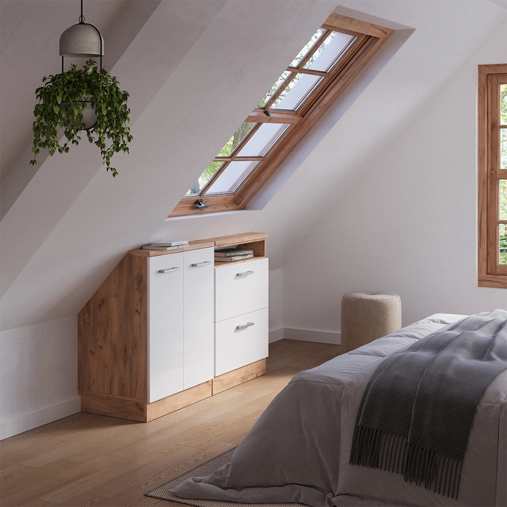 Set di mobili sottotetto Rion Bianco lucido/Rovere dorato Set di 2 Vicco
