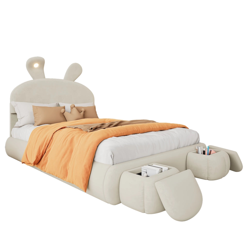 OKWISH Letto Contenitore 140×200 cm, Letto Matrimoniale con Orecchie da Coniglio, LED Regolabile e 2 Pouf Contenitore, senza Materasso, Velluto, Beige