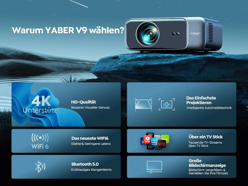 Proiettore YABER Home Cinema, 1080P Full HD compatibile 4K, Autofocus e Correzione Keystone, WiFi 6 Bluetooth Portatile Esterni Schermo 300 Pollici, per Smartphone/Fire TV Stick/PS5