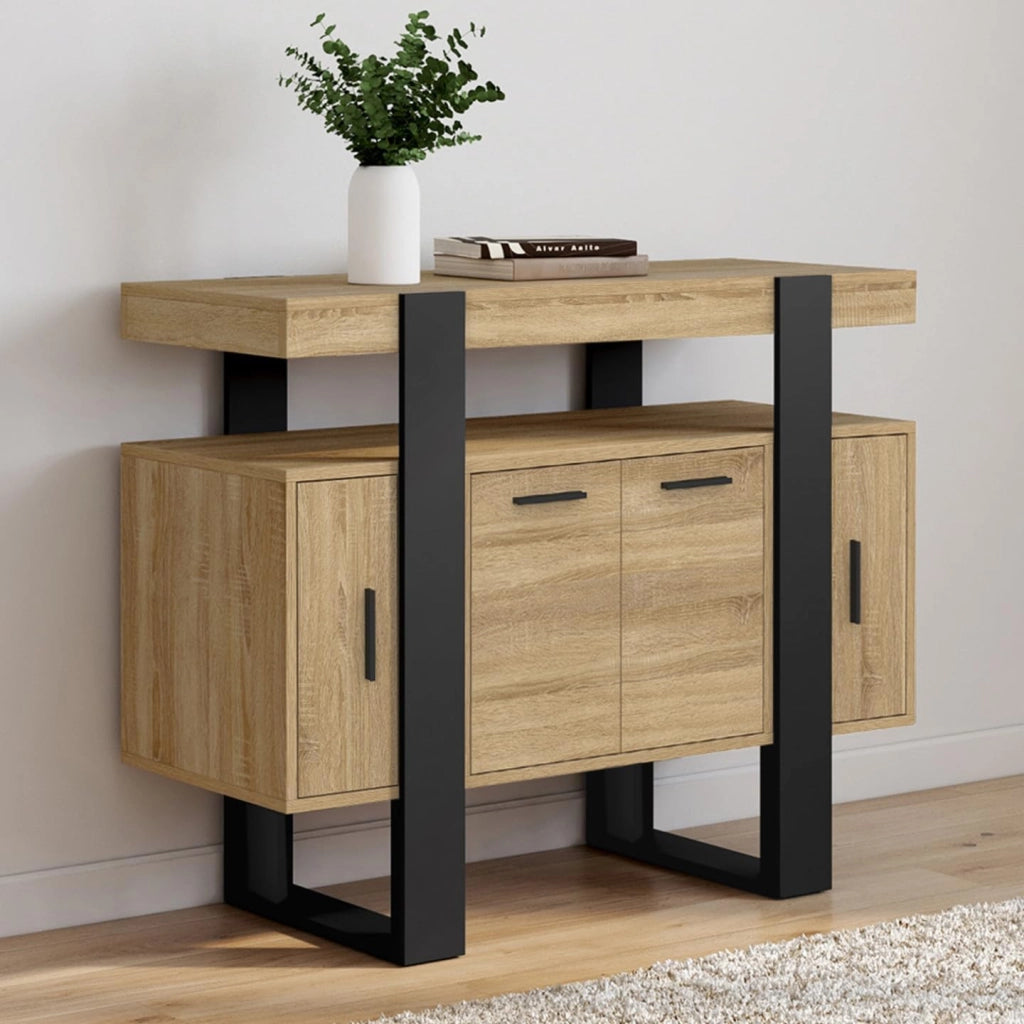 Credenza PHOENIX a 4 ante, legno e nero, 100 cm