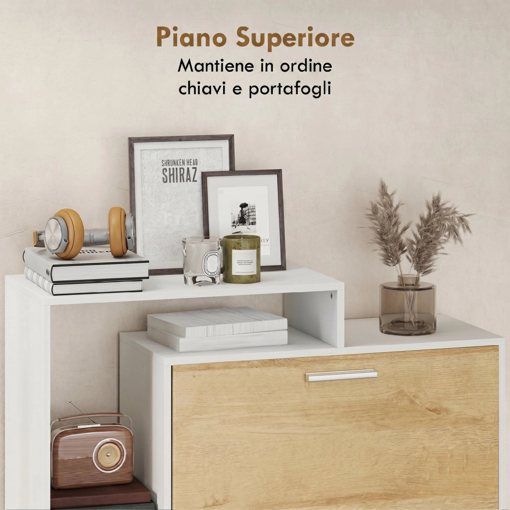 Mobile Portascarpe con Cassetti e Ripiani ¨C zephmum ¨C Bianco e Legno Naturale