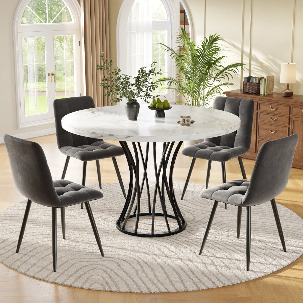 Tavolo da pranzo per 4 persone con 4 sedie, struttura in metallo, stile moderno, in MDF e velluto, multicolore