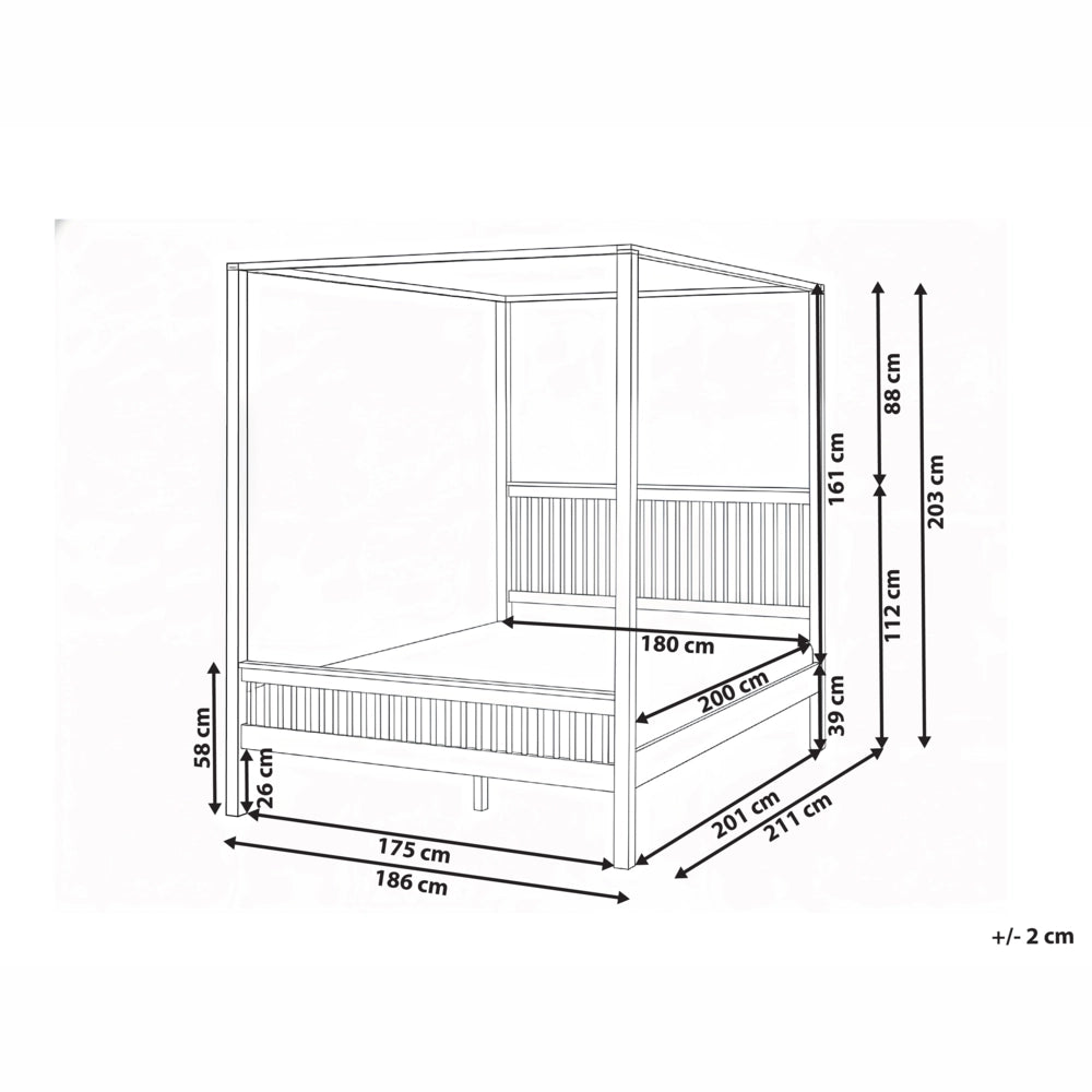 Letto matrimoniale a baldacchino stile minimalista con rete in legno di gomma e doghe marrone chiaro 180 x 200 cm
