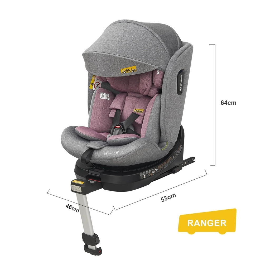 Seggiolino auto per bambini girevole 360 gradi con ISOFIX e reclinazione, cappottina removibile in tessuto rosa grigio