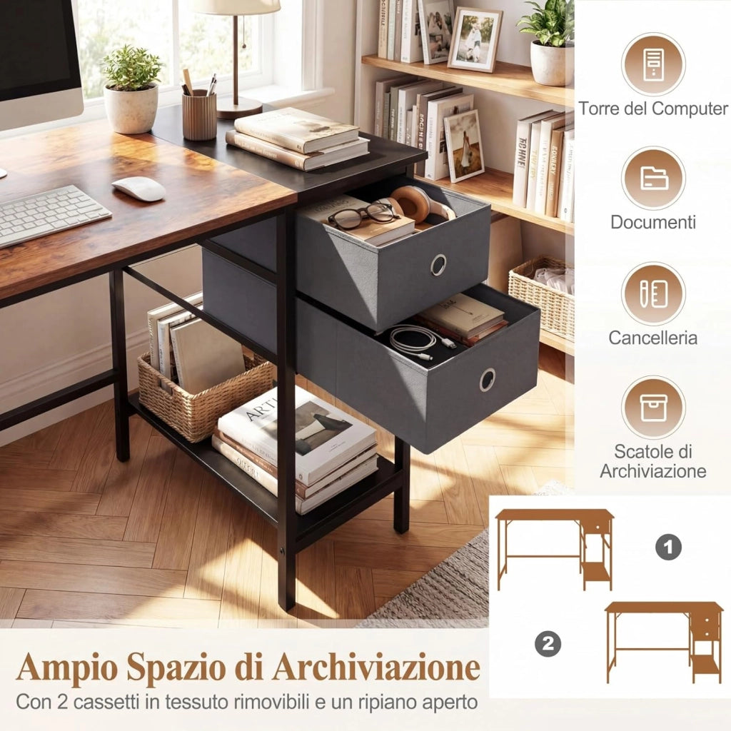 Scrivania per Computer, 120 x 60 x 75 cm, Scrivania Ufficio con 2 Cassetti e Ripiano, Tavolo Postazione di Lavoro, Studio e Lettura, Scrittoio Salvasapzio in Legno e Metallo (Marrone)
