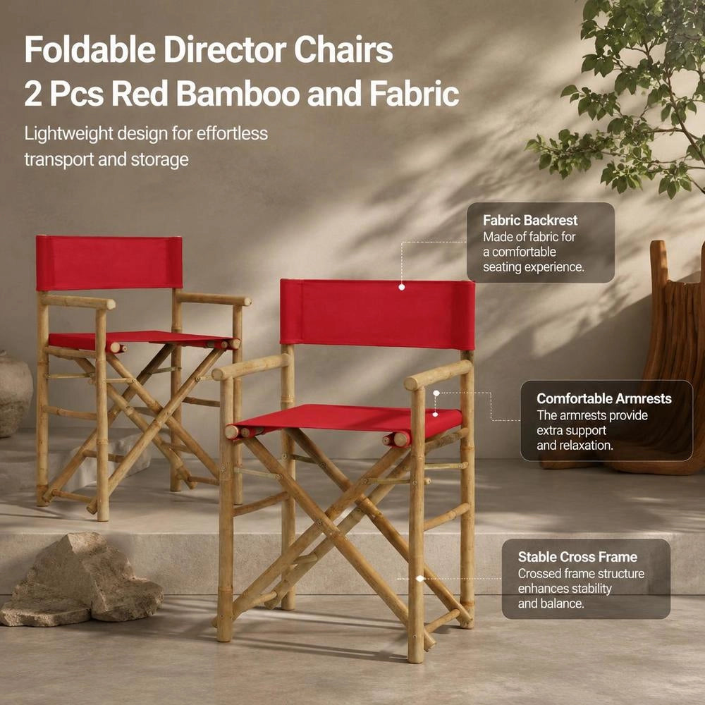 Folding DirectorFTs Chairs, 2 Pieces, Red, Bamboo And Fabric