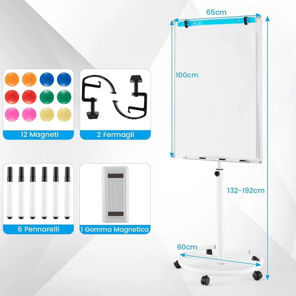 Lavagna Bianca Magnetica Mobile con Accessori, Lavagna Regolabile in Altezza e Angolo con Supporto Rotondo, 5 Ruote Bloccabili, 65 x 60 x 132-192 cm (Bianco)
