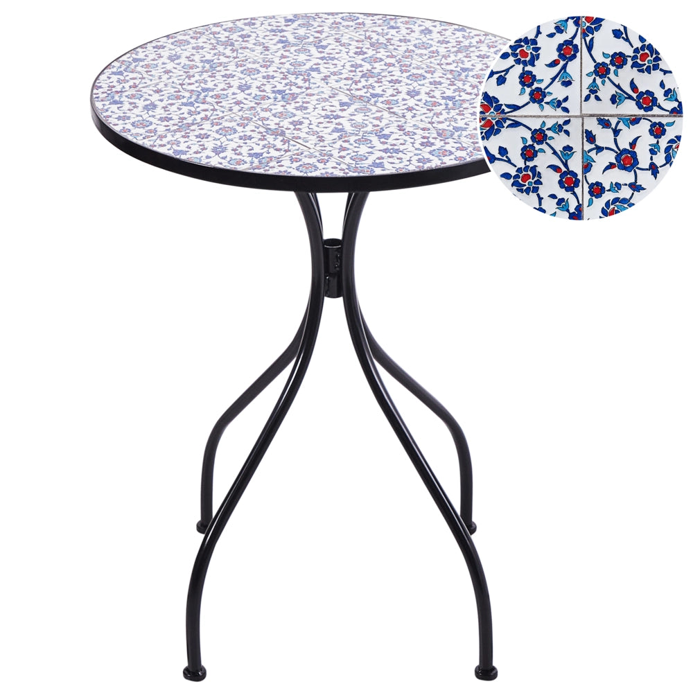 Tavolo da bistrot per esterni in metallo con mosaico blu con telaio in ferro nero stile vintage