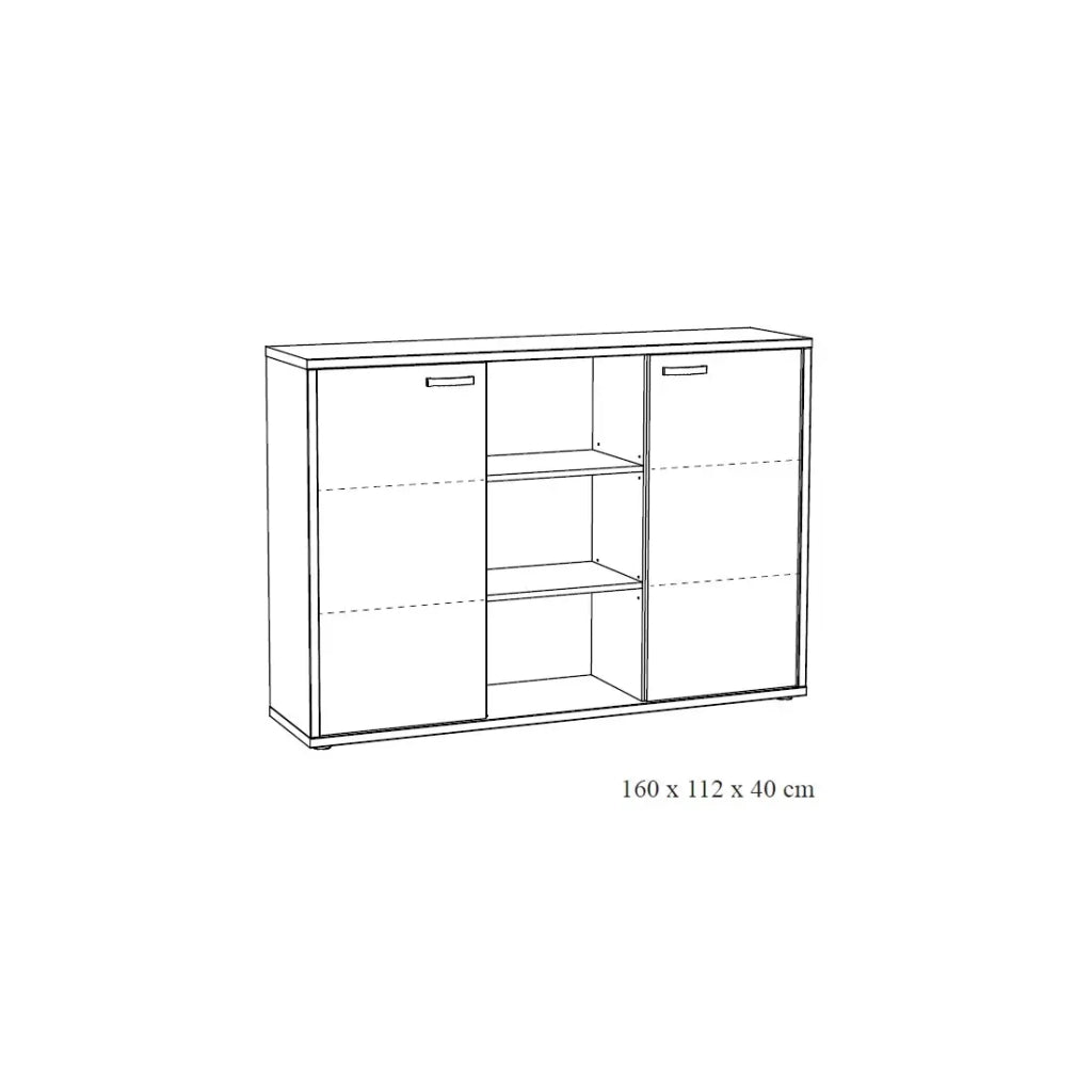 Credenza bassa per ufficio con 2 ante e scaffali colore rovere chiaro e nero