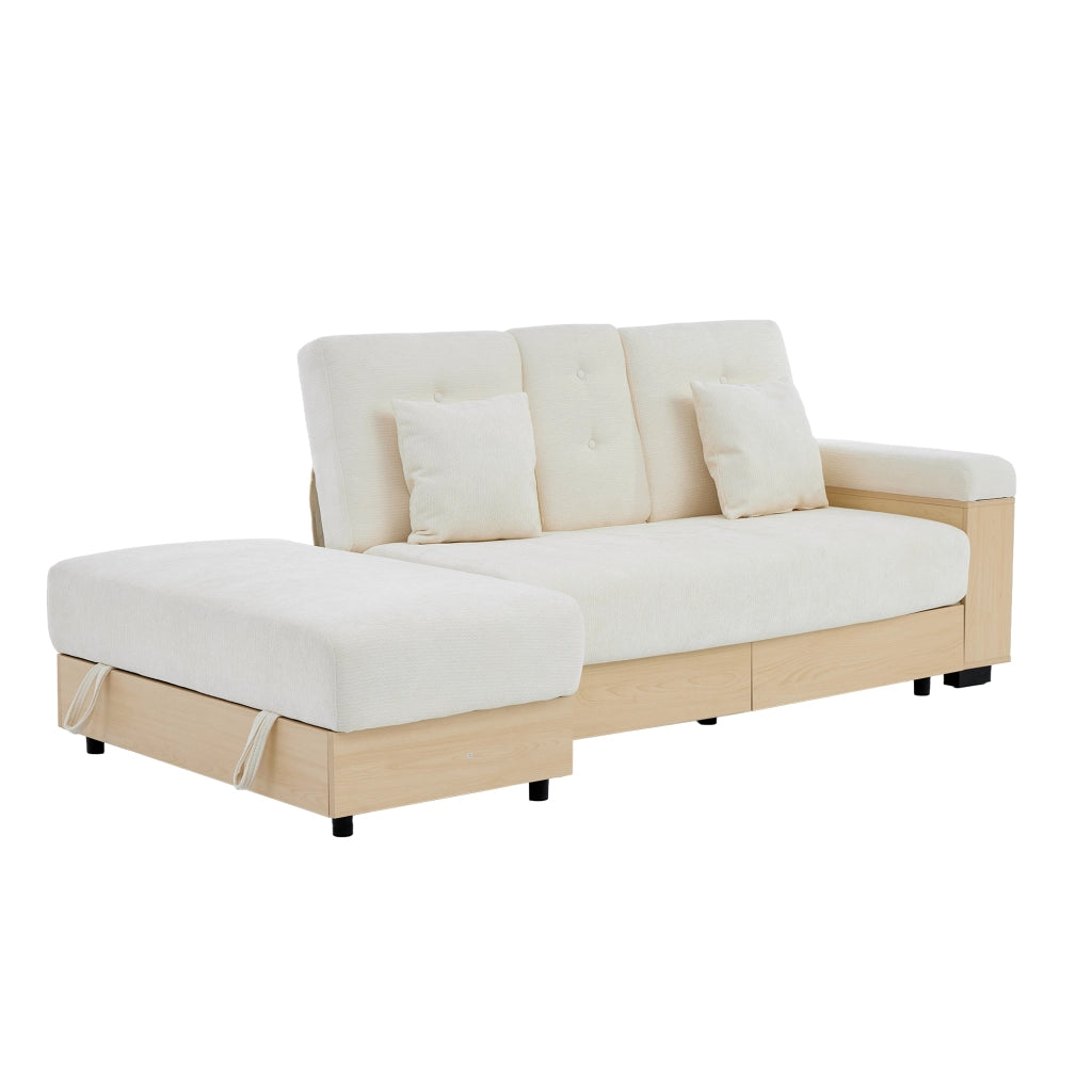 Divano letto in chenille con contenitore, schienale reclinabile a 3 posizioni, 2 cassetti e portabicchieri nascosto, 217 cm, beige