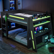 Letto a Castello Gaming in Legno con Scrivania, LED e USB ¨C MINIMAL ¨C Nero, 140x200 cm