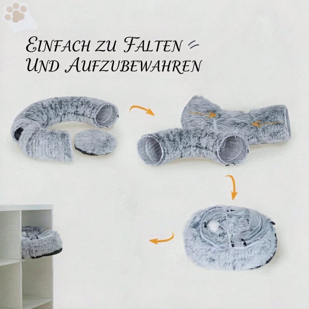 Tunnel per gatti da interno combinato con cuccia a forma di ciambella e cuscino rotondo rimovibile e lavabile.