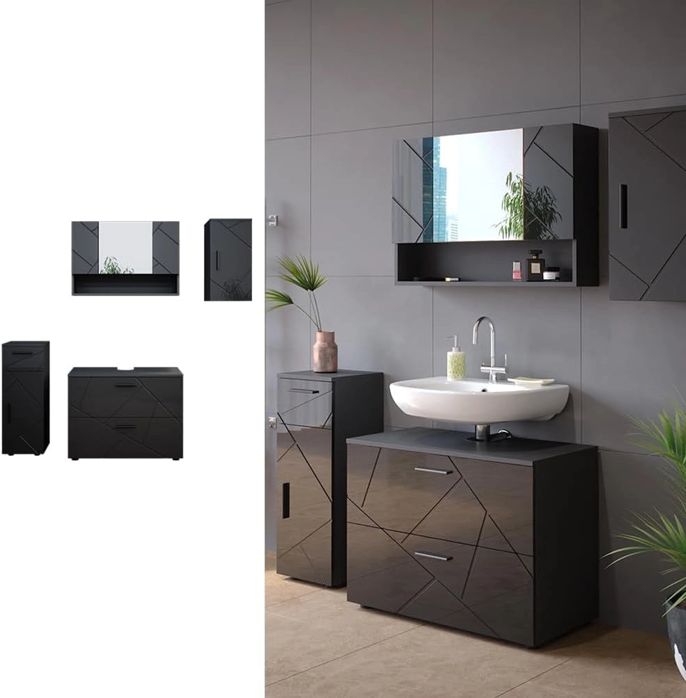 Set mobili bagno Irma, Antracite lucido, 80 cm, composto da mobile sottolavabo, specchiera, armadio medio e pensile