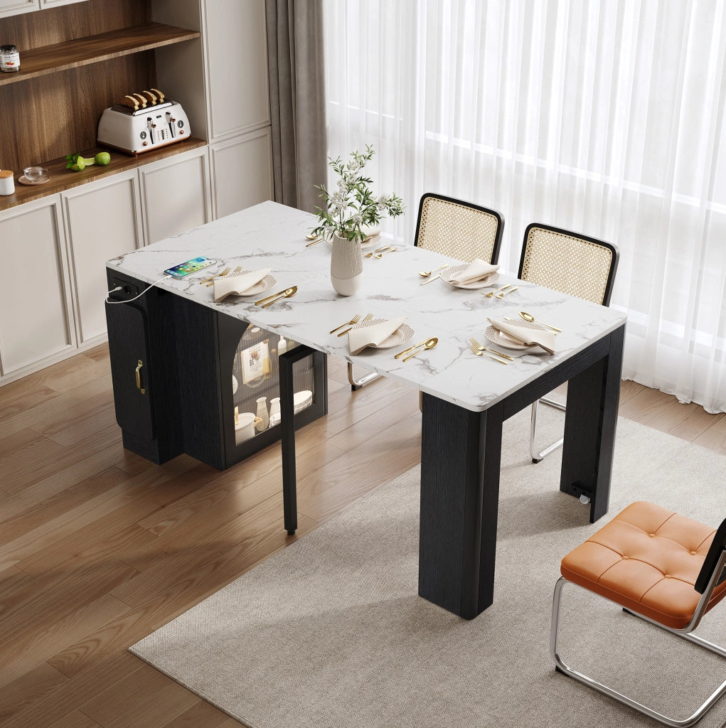 Isola da cucina allungabile con ruote nera e bianca con LED e porte USB