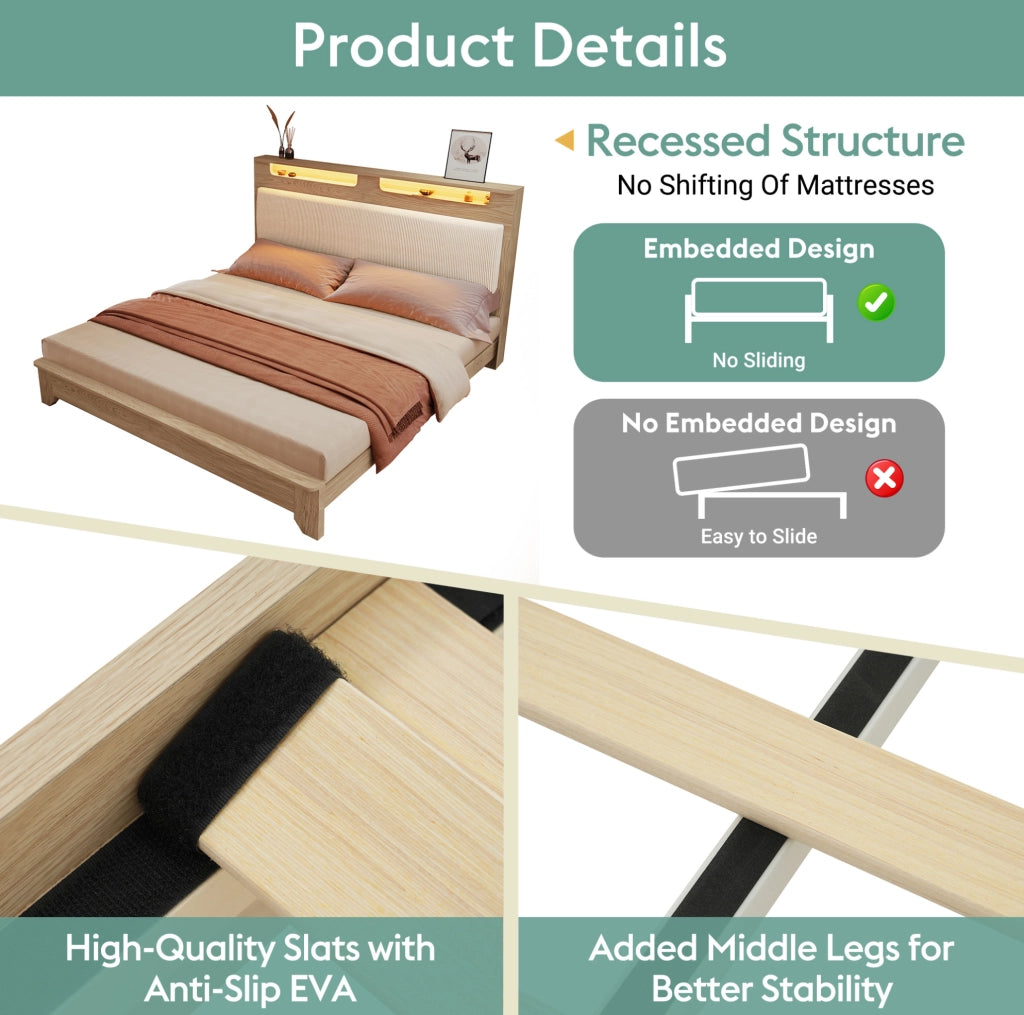 Letto matrimoniale 180x200 cm in corduroy beige con testiera contenitore e LED