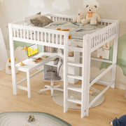 Letto a soppalco 140x200 cm in legno di pino e MDF; bianco; con scrivania; scala e cassetti