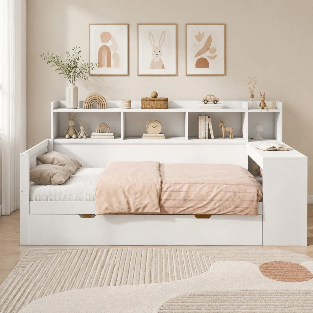 Letto multifunzione 90x200 cm con scrivania, cassetti e prese USB