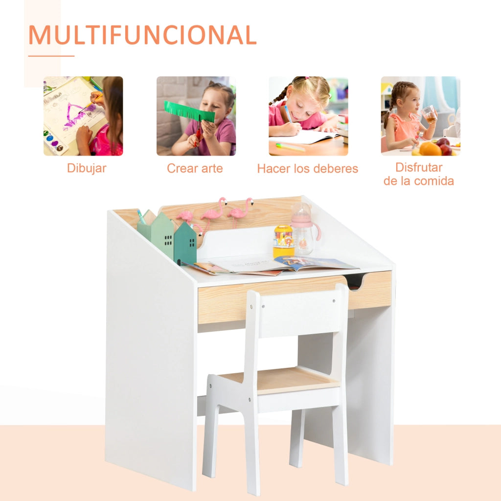 Scrivania per Bambini con Cassetto e Ripiano ¨C zephmum ¨C 70x50x75 cm Bianco e Naturale