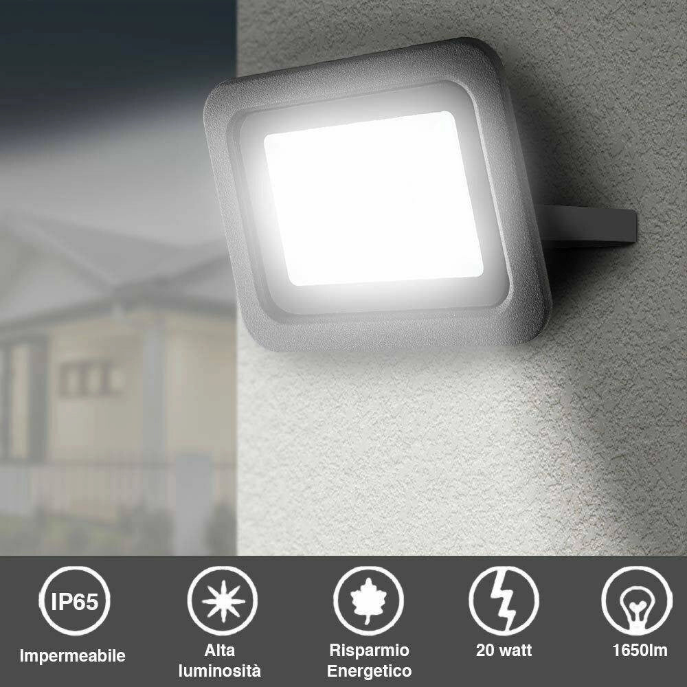 Trade Shop - Faro Led 20w Luce Alta Luminosita 1650lm Faretto Esterno Slim Bianco Freddo Ip65 -