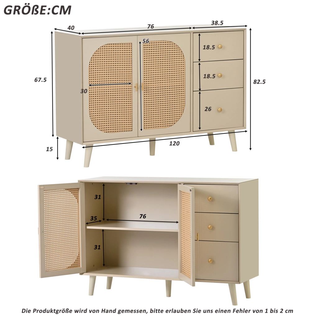 Credenza moderna bianco sporco con 2 ante e 3 cassetti, 120 cm
