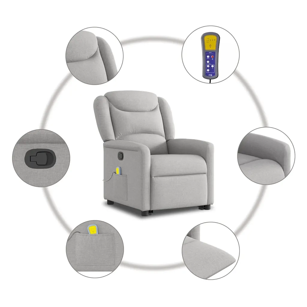 vidaXL Poltrona Alzapersona Massaggi Reclinabile Grigio Nuvola Tessuto