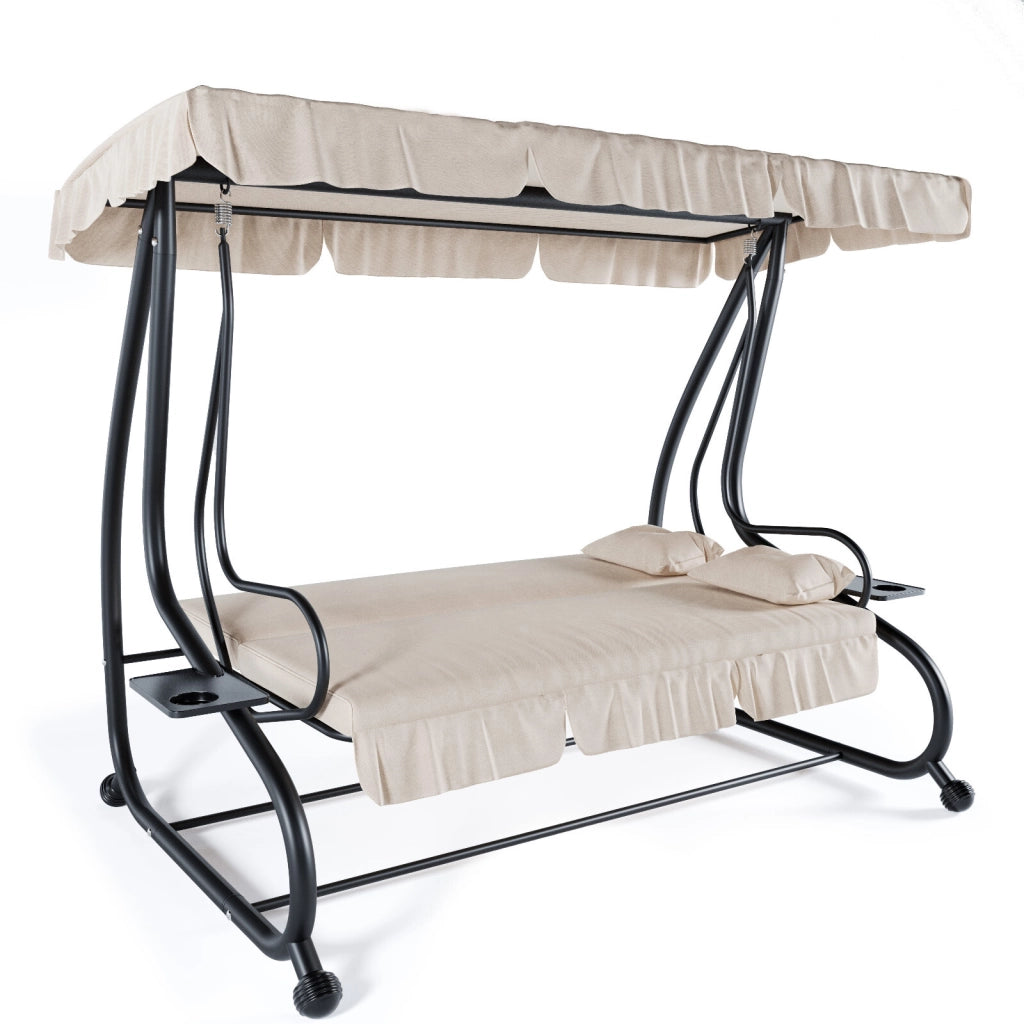 Dondolo Da Giardino 3 Posti Trasformabile In Letto Con Schienale Reclinabile Tetto Parasole Orientabile Cuscinatura Comfort Per Terrazza Balcone Patio E Outdoor Relax 200 x 120 x 160 Cm Beige