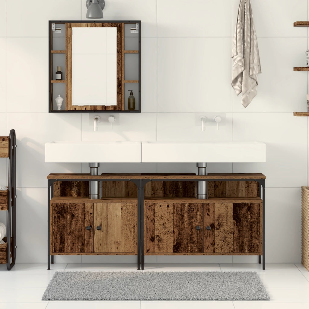 Mobiletto da bagno con lavabo integrato in legno vecchio e legno ingegnerizzato