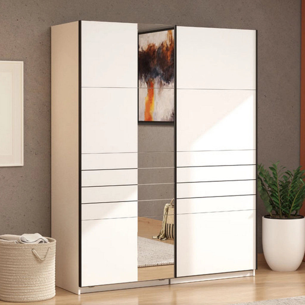 Armadio Camera da Letto Vialone, Guardaroba Grande Appendiabiti, 145.5x217.5h cm Bianco Opaco