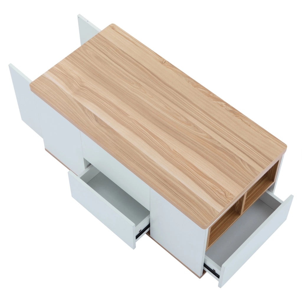 TAVOLINO DA SALOTTO ALZABILE 100x51x47 cm BIANCO E LEGNO CON 2 CASSETTI