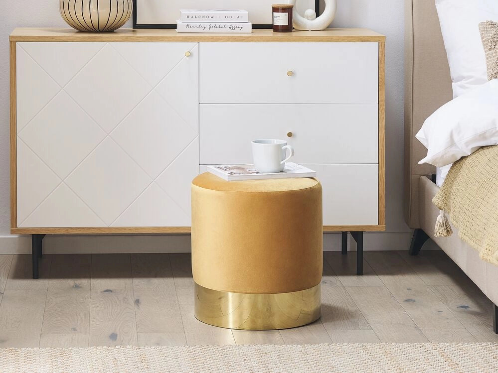 Poggiapiedi rotondo in velluto giallo con pouf da toeletta Glam Sgabello con dorato