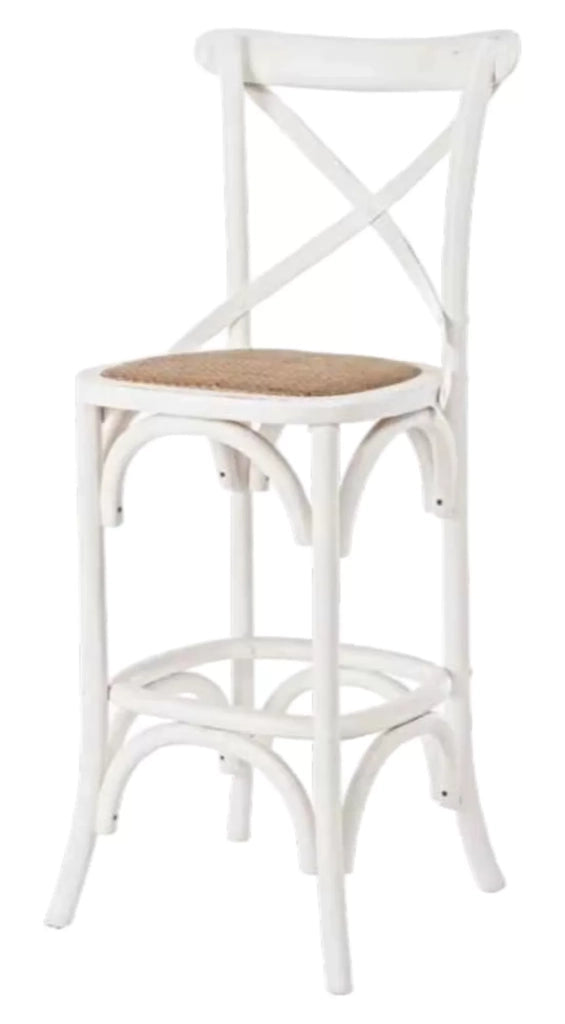 Sgabello cross bistrot shabby bianco legno olmo seduta rivestita rattan naturale 50x55x116 - Mobili 2G