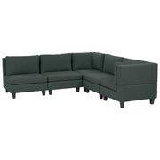 Divano componibile a 5 posti imbottito in tessuto verde scuro gambe nere lato sinistro stile moderno