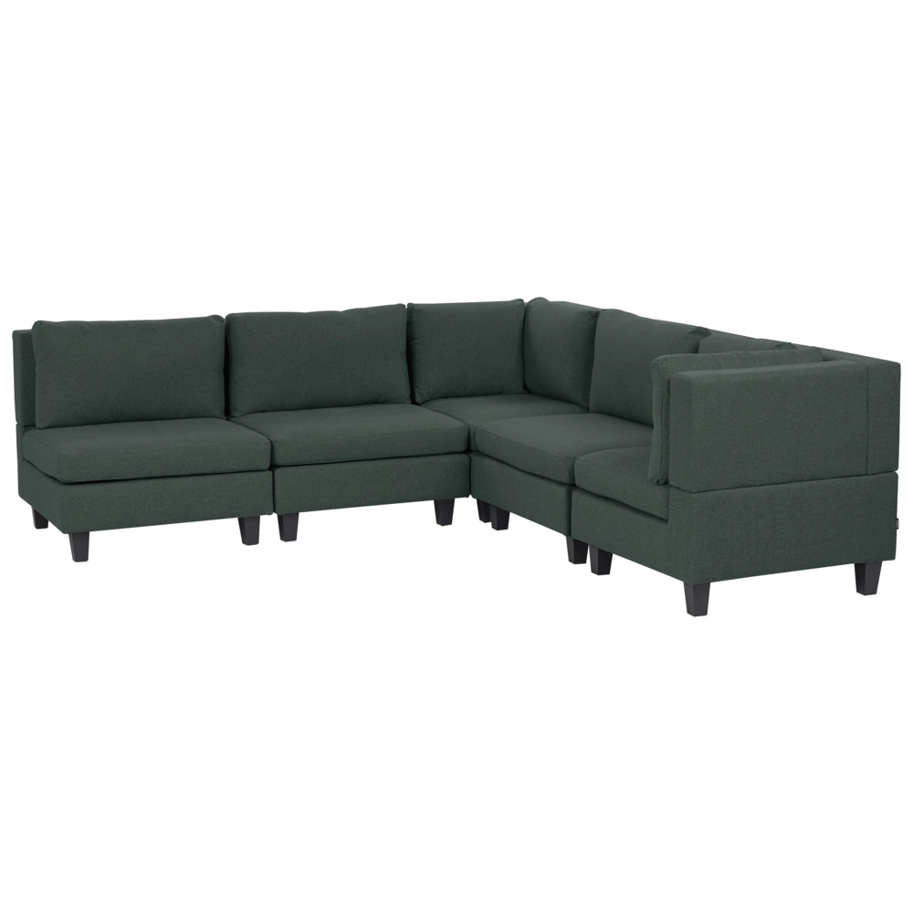 Divano componibile a 5 posti imbottito in tessuto verde scuro gambe nere lato sinistro stile moderno