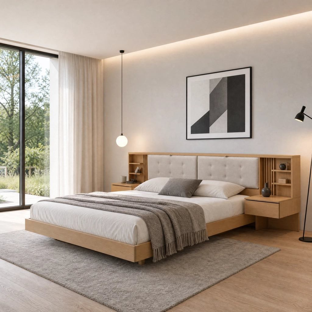 Letto contenitore sospeso 180 × 200 cm con testiera con ripiani e cassetti, prese USB e luce, senza materasso, rovere naturale