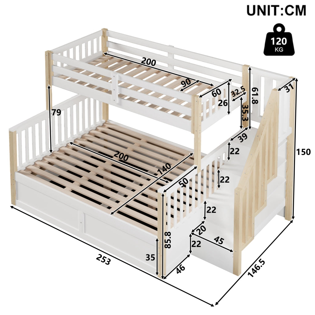 LETTO a castello 90x200 cm+140x200 cm in pino e MDF bianco/naturale