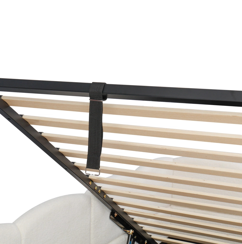 Letto contenitore 90x200 cm con USB A e USB C; tasche laterali; tessuto bouclé beige