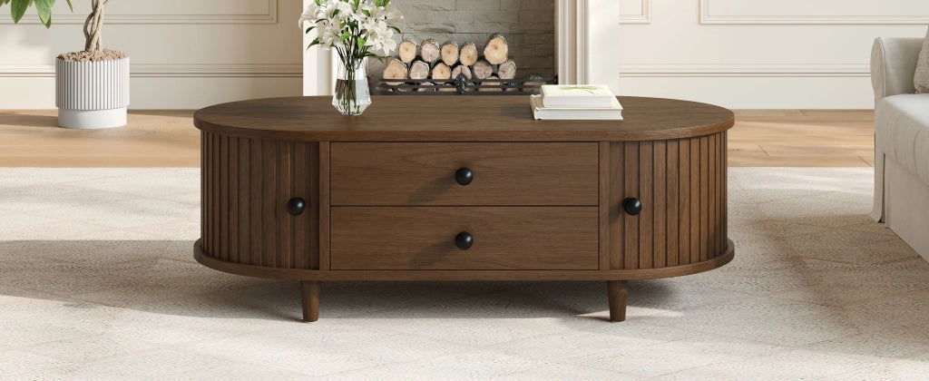 Tavolino basso con 2 cassetti e ante scorrevoli, in MDF con gambe in legno massello, noce 100 × 50 × 36 cm