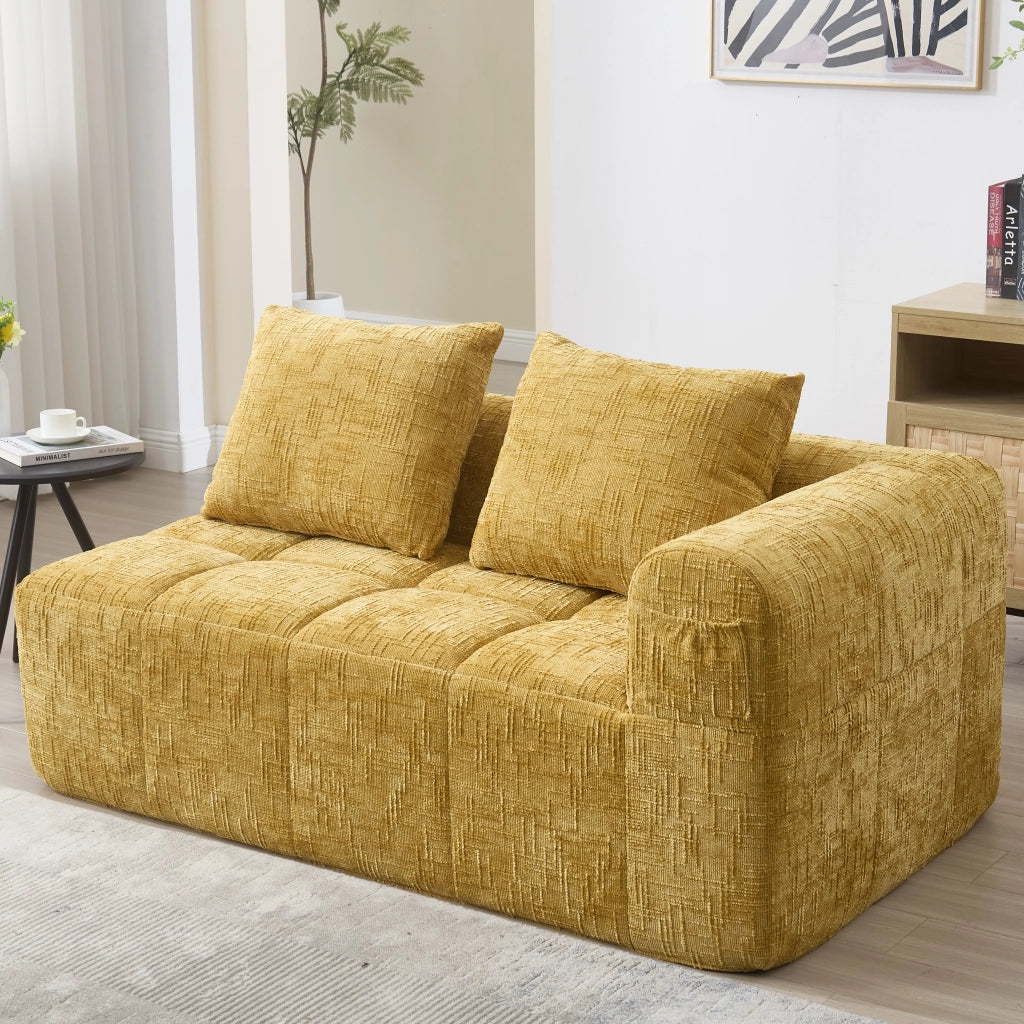 DIVANO Chaise longue 158x90x60 cm in chenille giallo con cuscino e tasche laterali