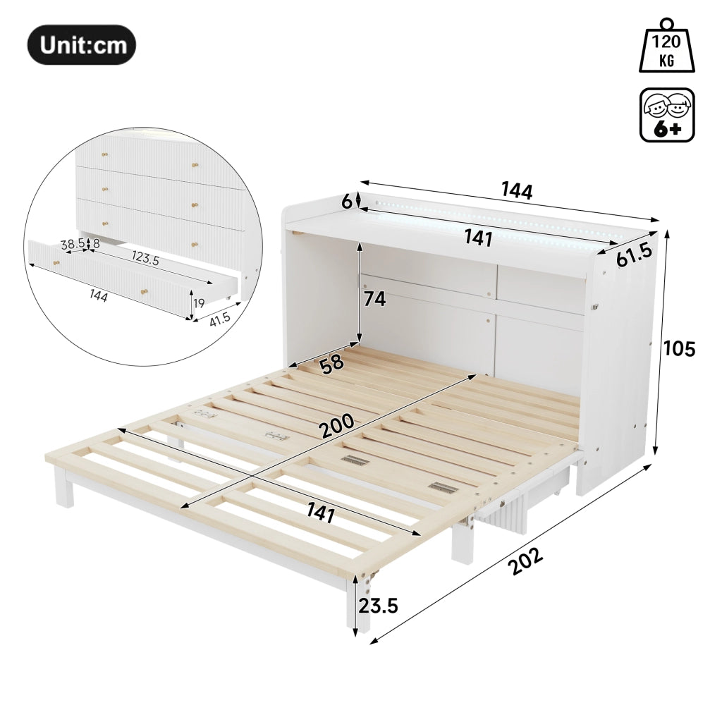 Letto a scomparsa 140 × 200 cm con cassetti, USB, presa e striscia LED, senza materasso, bianco lucido
