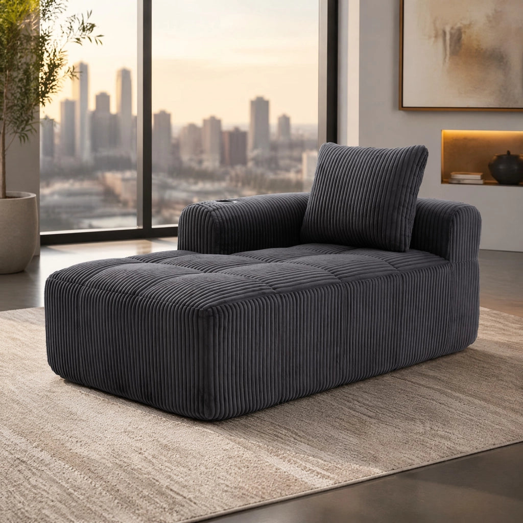 DIVANO compatto 158x93x61 cm in corduroy grigio scuro con tasche laterali e portabicchieri