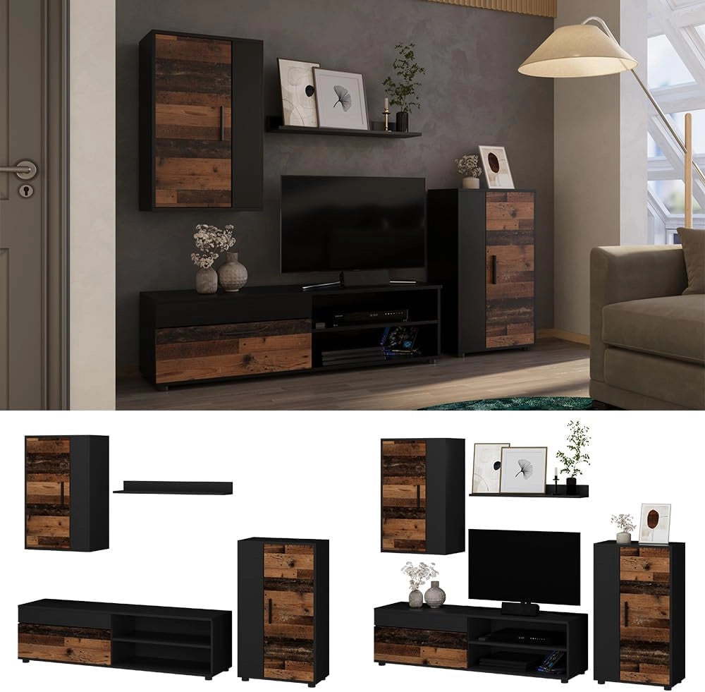 Parete attrezzata Berno, Rovere rustico, Set di 4 pezzi, adatto per la conservazione di dispositivi multimediali e accessori
