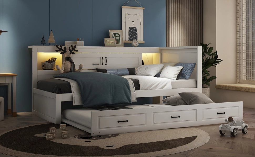 DESMIU Letto divano estraibile 90 × 200 cm 1 posto con LED, presa e USB, senza materasso, bianco