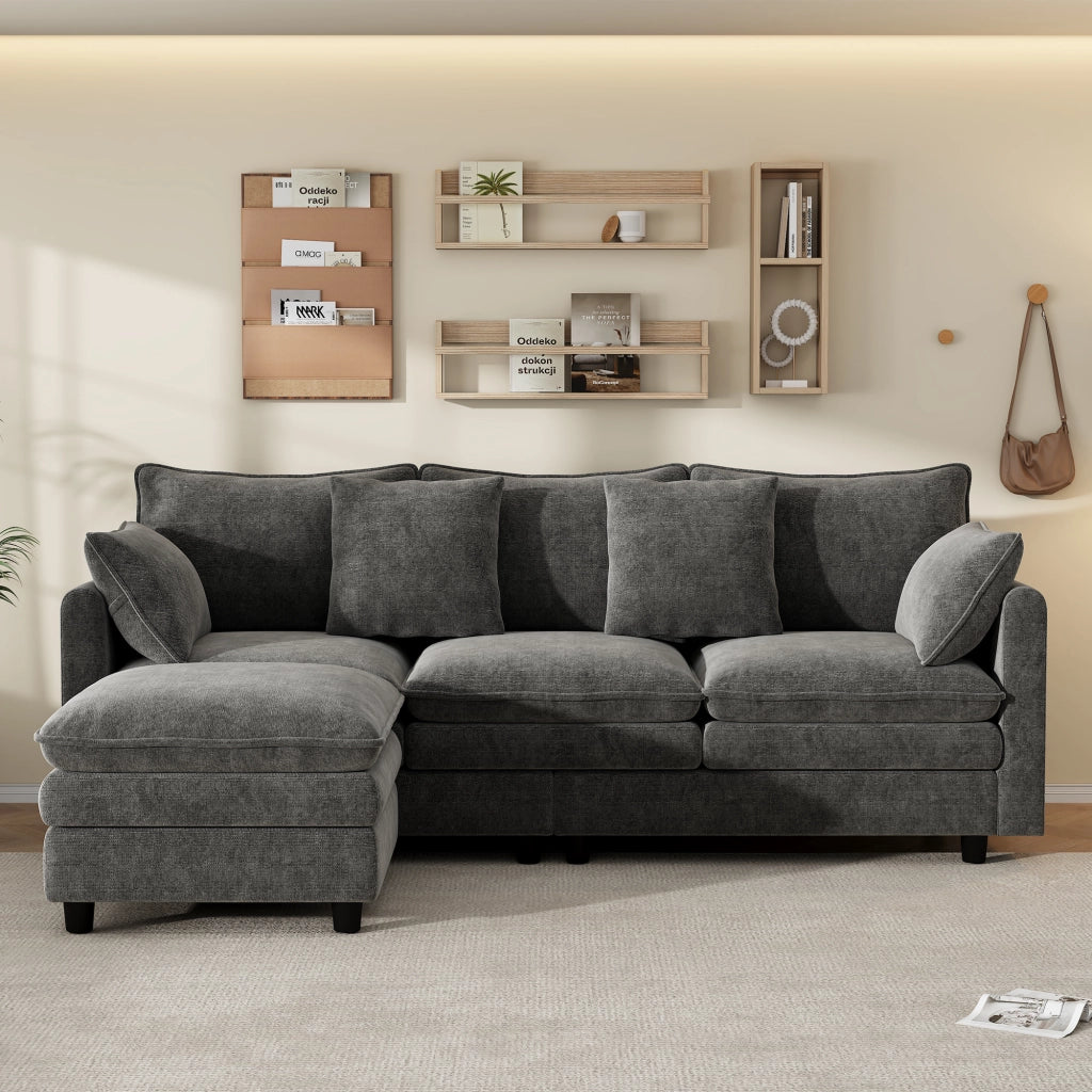 Divano angolare a L con chaise longue mobile, 3 posti, 212¡Á150¡Á90 cm, in tessuto Chenille grigio, portata fino a 120 kg