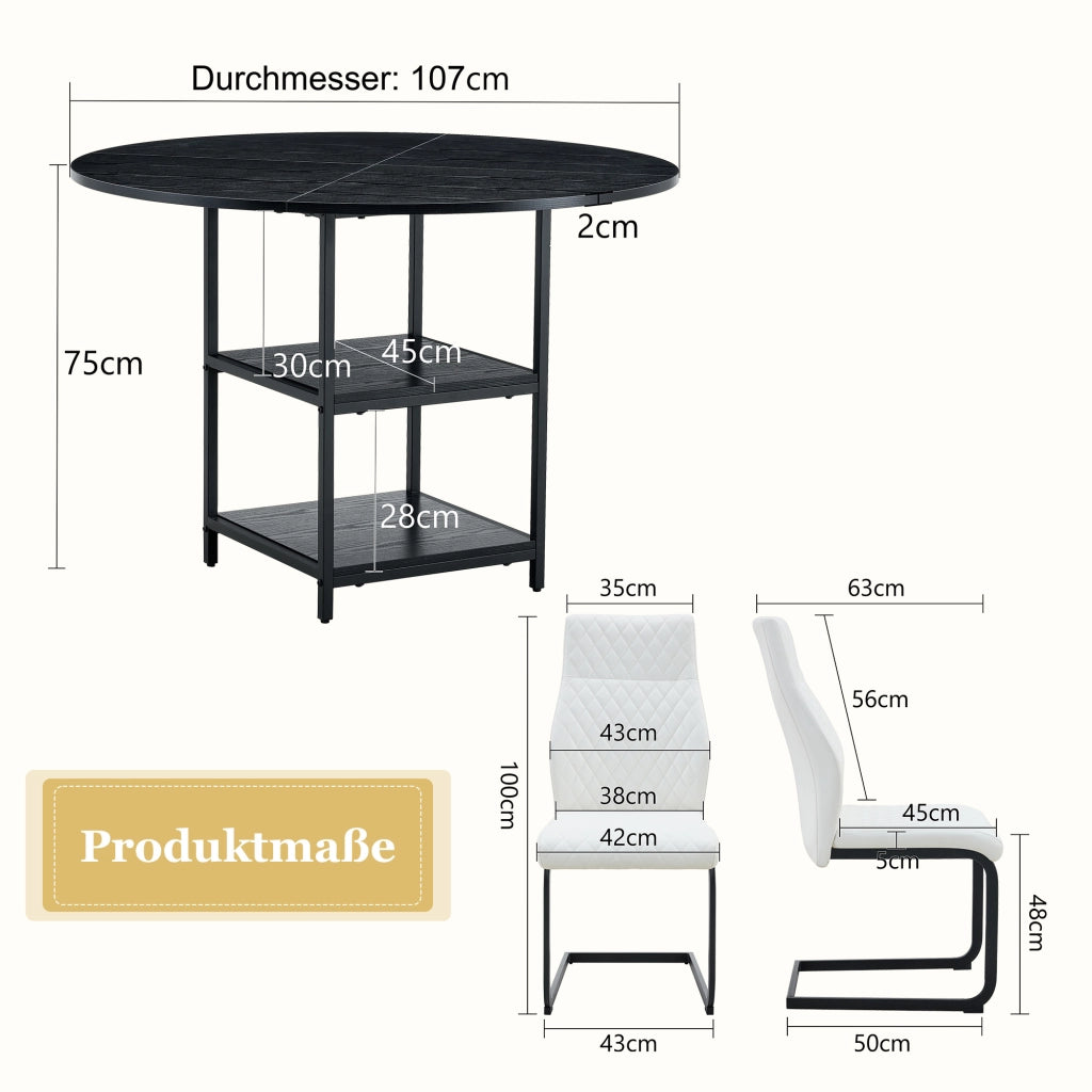 Set tavolo da pranzo e sedie con 1 tavolo rotondo e 2 sedie; ripiani portaoggetti; MDF e metallo nero; PU bianco