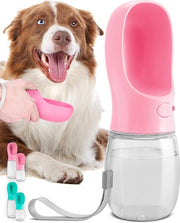 Dispensatore di acqua per cani, biberon impermeabile portatile per cuccioli con ciotola automatica per animali domestici all'aperto, escursioni, viaggi, plastica sicura per alimenti (350 ml, rosa)