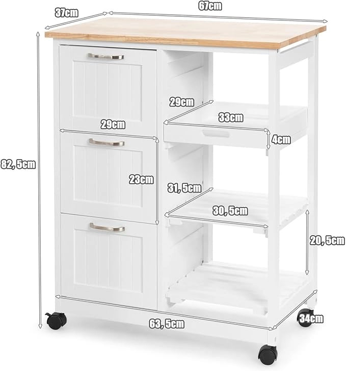 Carrello da Cucina con Ruote, Credenza Cucina con 4 Ripiani e 3 Cassetti, in Legno, Ideale per Cucina Ristorante e Bar, 67 x 37 x 83,5 cm (Bianco)