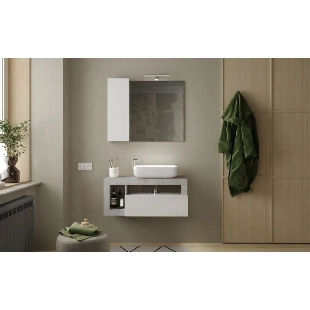 Mobile da bagno sospeso con un lavabo e 1 cassetto, lunghezza 92 cm, collezione BURA. Colori bianco lucido e cemento.